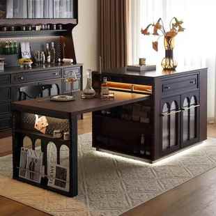 现代古风简约实木岛台餐桌一体多功能岩板家用小户型伸缩饭桌吧台