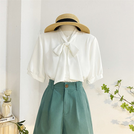 白色系带蝴蝶结短袖衬衫女夏季宽松简约气质纯色，雪纺上衣飘带衬衣