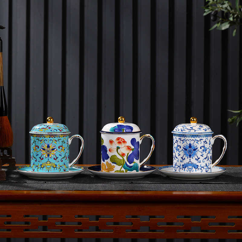 碟带带杯商务主人泡茶杯杯彩办公盖陶珐琅新年瓷杯礼品景德镇婚庆