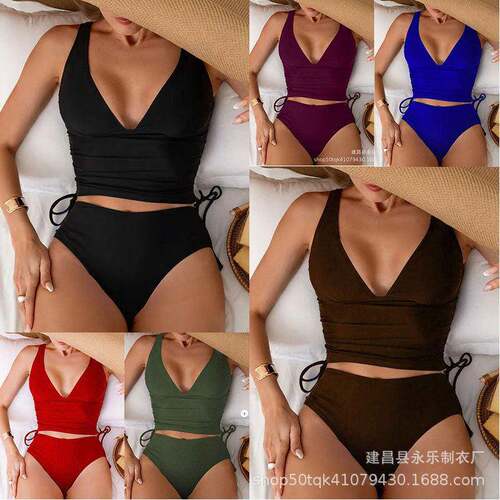 Two-Piece Set Women'S Solid Color Ribbed Bikini Set, Casual