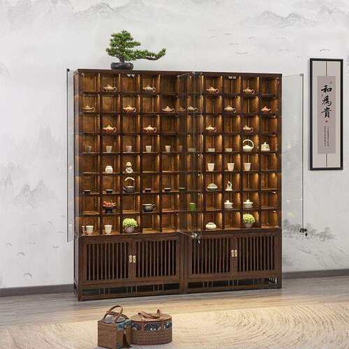 实木格子架紫砂壶玻璃展示架茶杯茶壶多宝阁新中式南榆木博古架