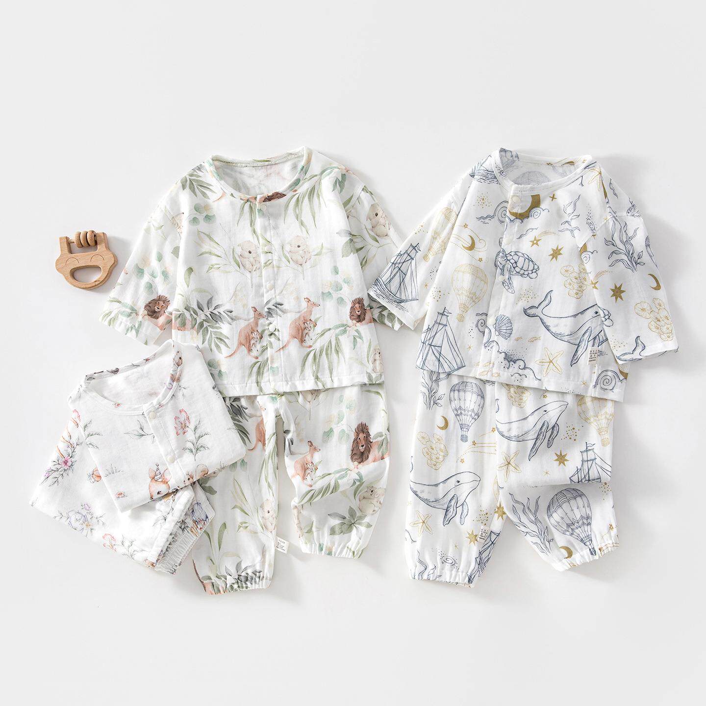 婴儿纱布套装宝宝家居服长袖竹纤维上衣裤子儿童夏季空调服男女童