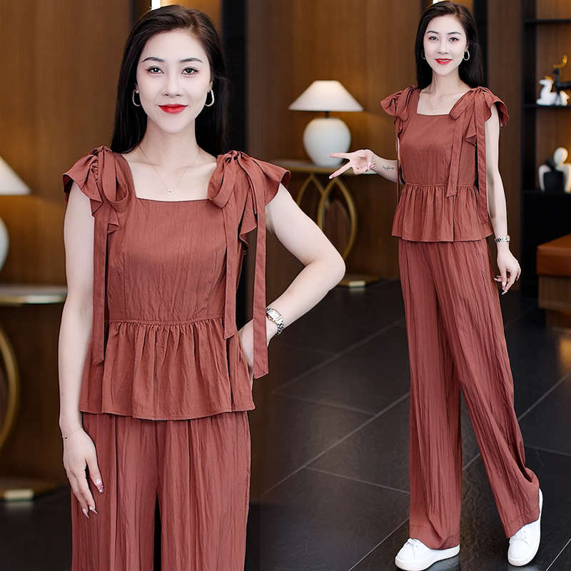 时尚阔腿裤两件套女夏季薄款2024洋气方领气质显瘦休闲时髦套装潮