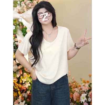 大码微胖休闲短袖白色T恤女装夏季纯棉正肩体恤胖MM宽松显瘦上衣