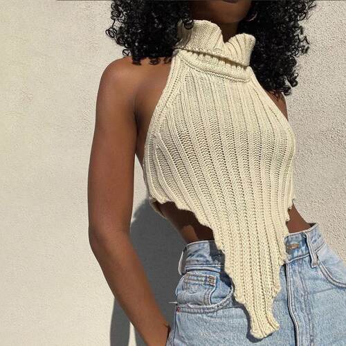 Backless high neck knitted vest sweater knitted sweater