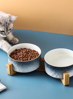 Stone-patterned ceramic cat double bowl, dog bowl, cat food