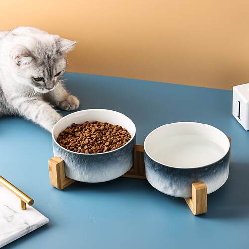 Stone-patterned ceramic cat double bowl, dog bowl, cat food