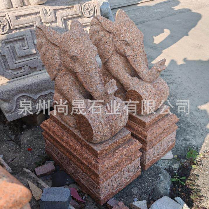 石雕门墩抱鼓石一对天山红石材狮子貔貅大象小象门鼓石鼓看门护宅