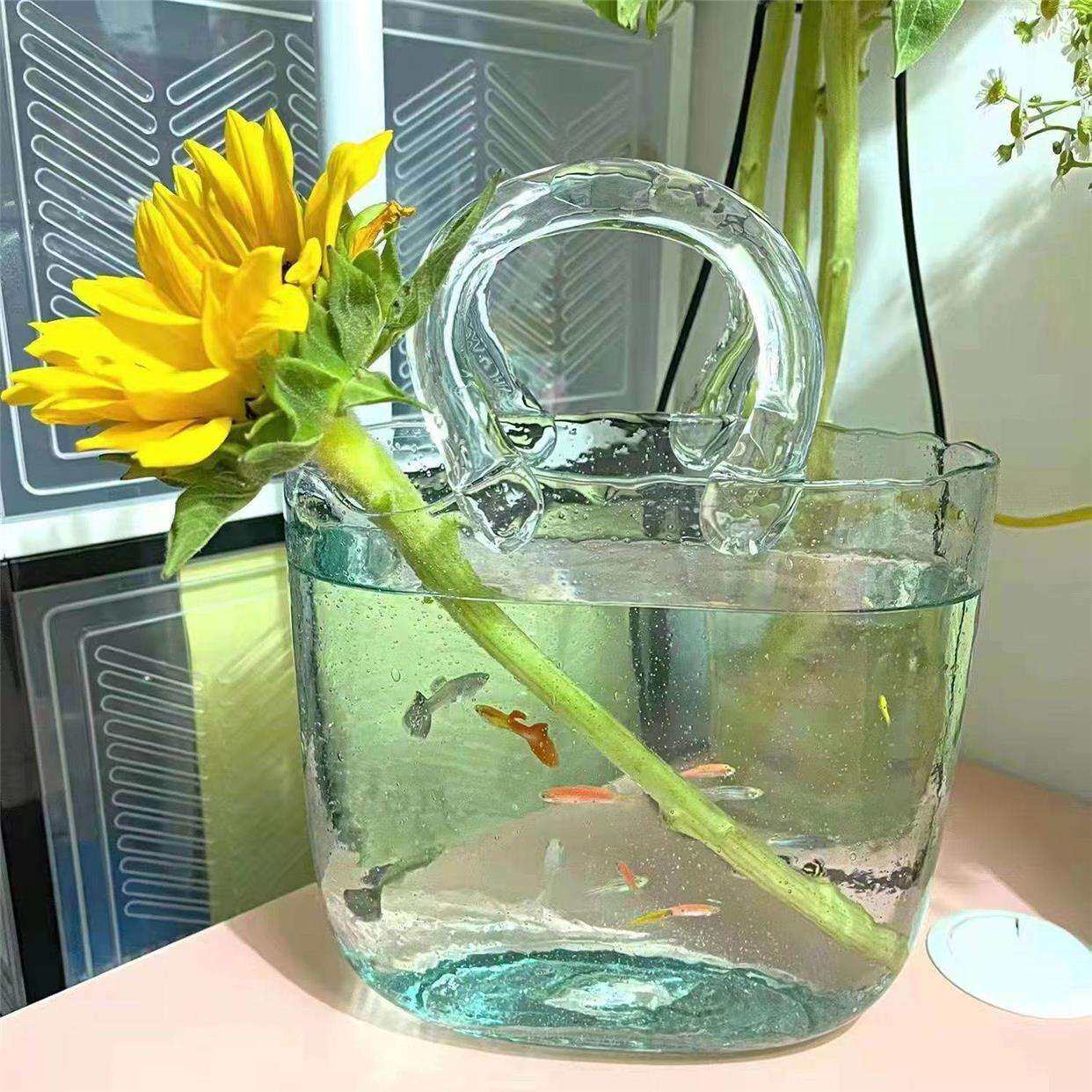 现货透明玻璃花瓶手提鱼缸花瓶摆件客厅插花水培装饰鱼缸批发