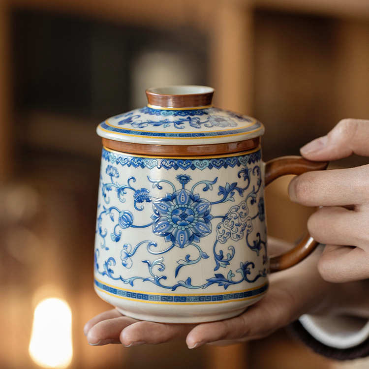 礼汝窑分离伴办公室泡茶青花瓷茶杯陶瓷茶具杯子水杯高档茶水杯手
