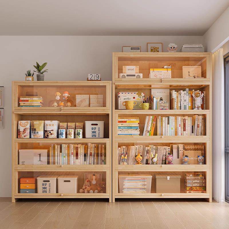 实木书架落地置物架客厅转角展示柜带门防尘书柜组合零食收纳柜