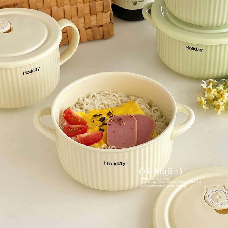 带盖密封陶瓷保鲜碗圆形饭盒上班族可微波炉加热带饭餐盒双耳汤碗