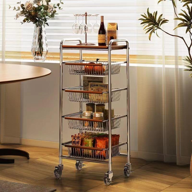 新款中古带轮移动小推车收纳实木多层落地电镀收纳厨房置物框架子