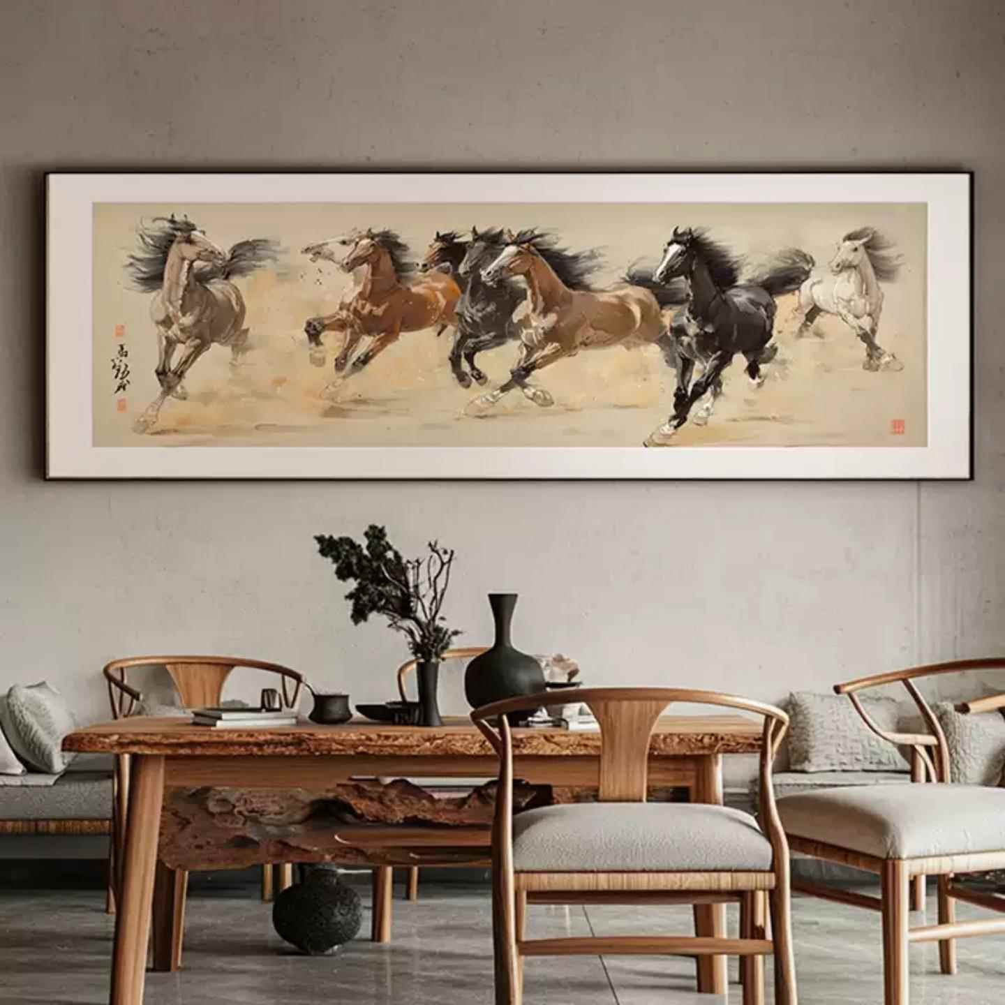 马到成功装饰画 画新中式挂画 画客厅茶室八骏图办公室国画 画书
