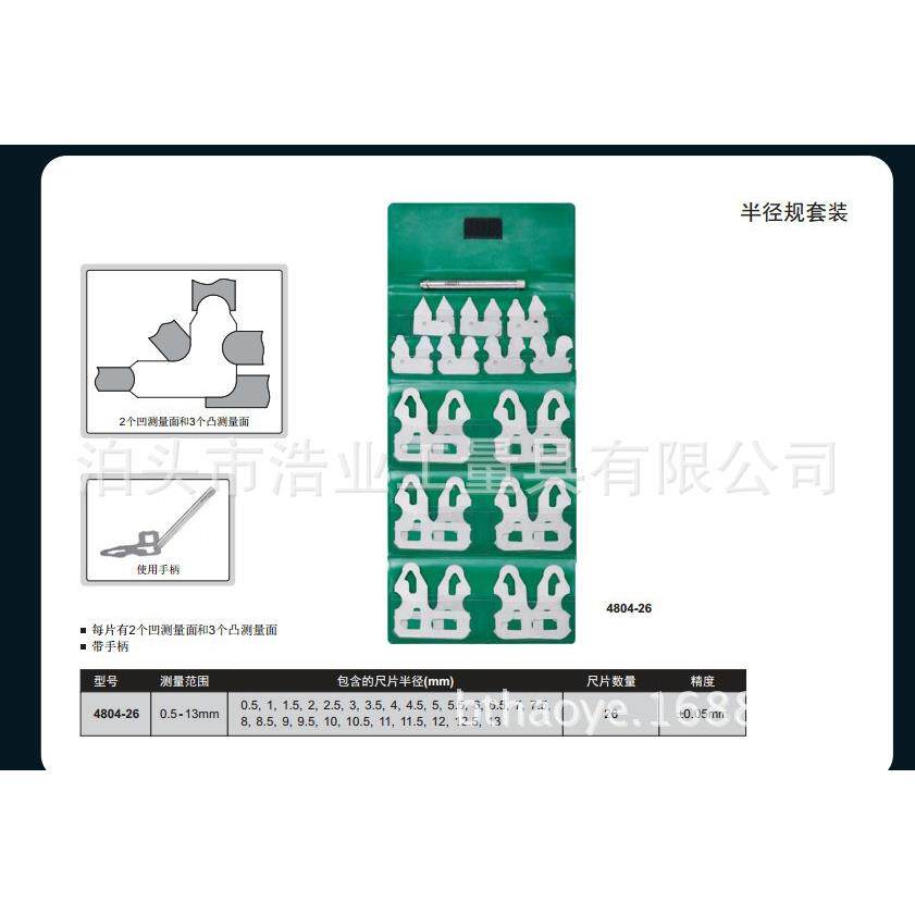 半径规套装带手柄 R0.5-13 26片每片2个凹3个凸测量面 对弧样板