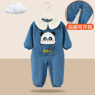 儿童连体罩衣秋冬季男童宝宝画画防水防脏婴儿爬行爬爬服女童外穿