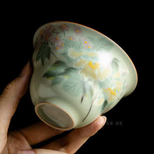 泡茶碗复古葫芦小茶碗功夫茶具 秘黄汝窑二才盖碗花鸟图不烫手中式