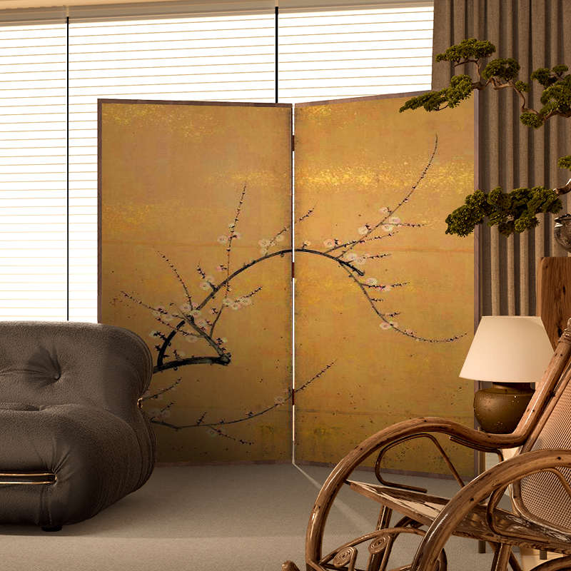 L7东方美学中古典移动屏风隔断客厅玄关茶室中式定 制仿金箔折叠