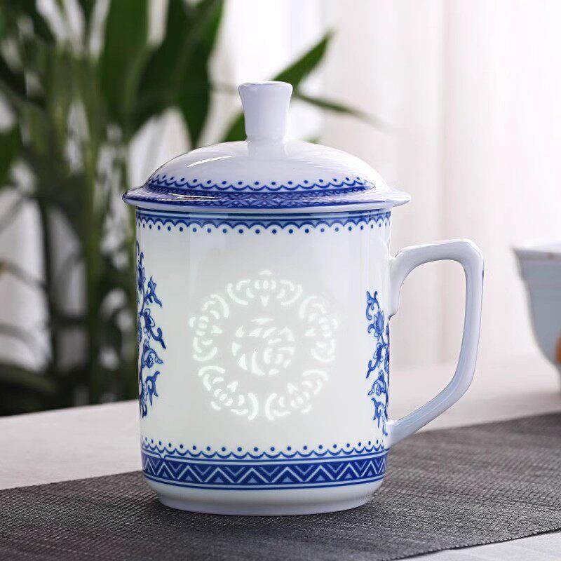 景德镇青花玲珑茶杯陶瓷带盖子办公杯会议杯家用水杯办公杯子送礼
