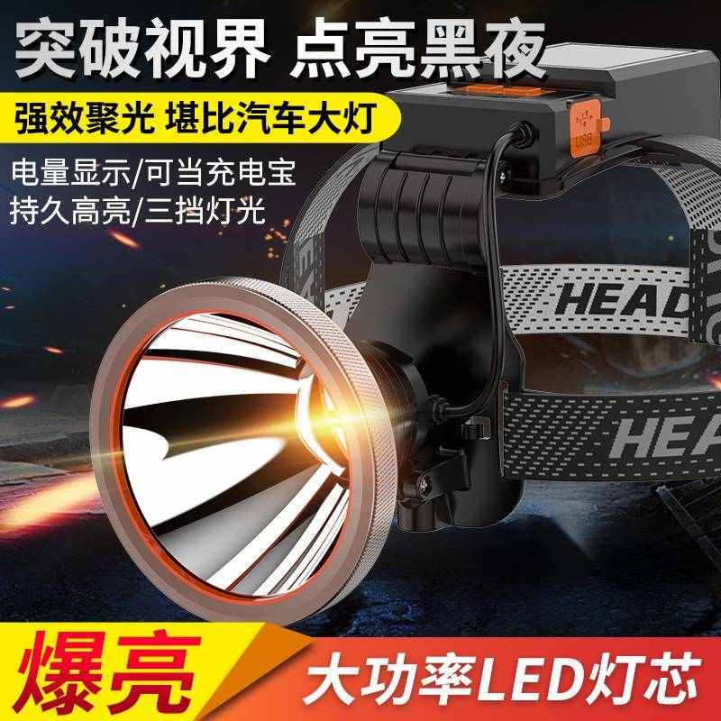 苏美式浦强光感应头灯用电头充戴远射户外家夜WRK钓鱼手电筒-