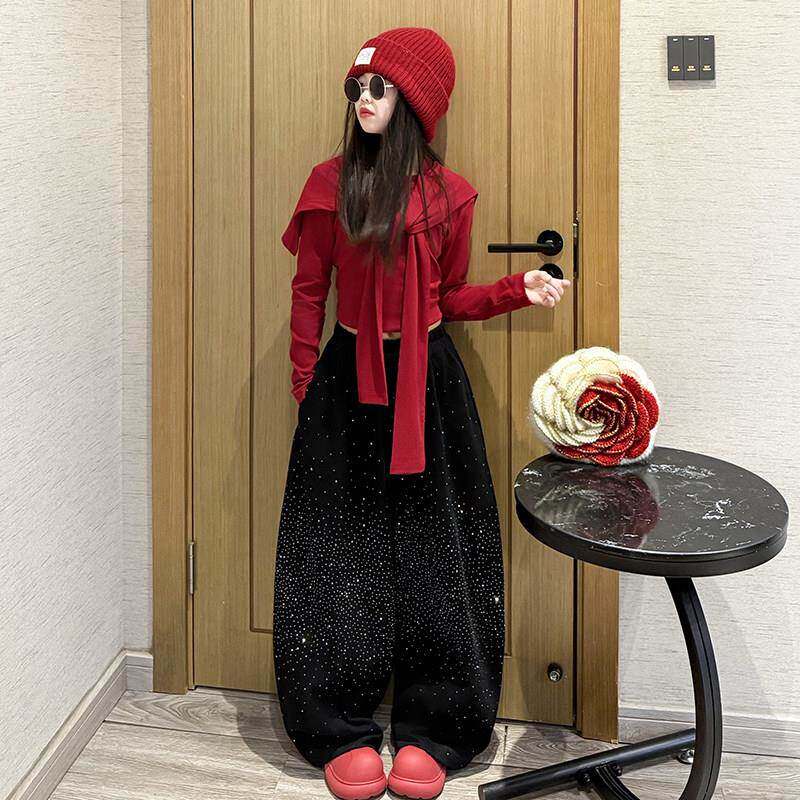 童装女童春装2026春季新款儿童洒金阔腿裤长袖打底衫含披肩三件套