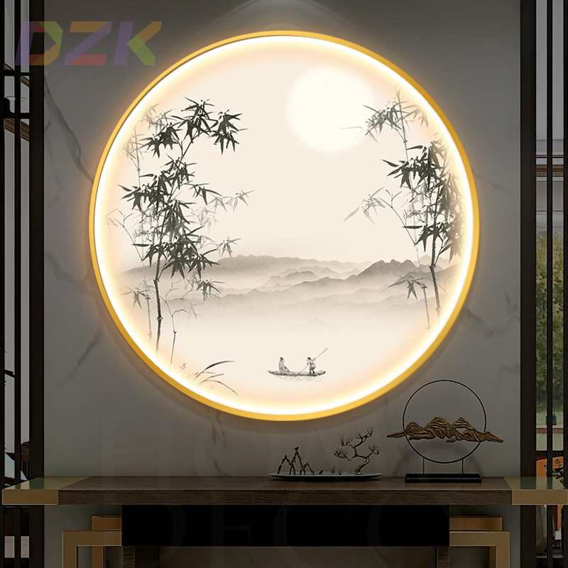 新中式圆形装饰画竹报平安客厅玄关挂画LED发光带灯书房茶室壁画