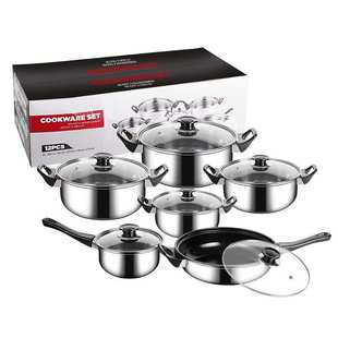 套锅不锈钢汤锅煎盘套装锅12/18PCS炊具套装锅Metal Pot Set
