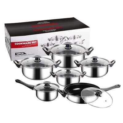 套锅不锈钢汤锅煎盘套装锅12/18PCS炊具套装锅Metal Pot Set