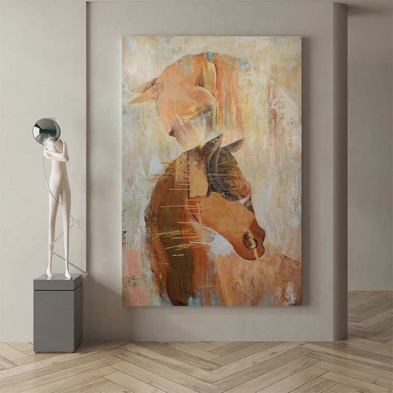 客厅肌理中手绘装饰画背后纯古风骏玄关沙发马到成功油画挂画动物图片