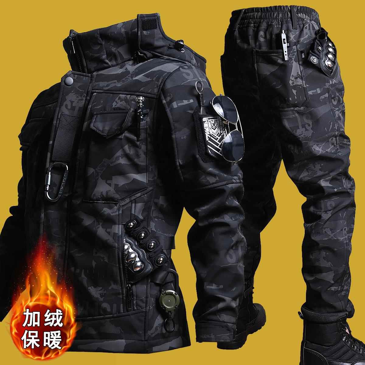 户外钓鱼骑行外工装套机车机能软壳冲锋衣套装男款冬季加绒防水图片
