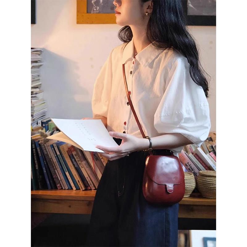 IT UNDER GARDEN 法式白色泡泡袖短袖衬衫女夏季设计感小个子棉麻