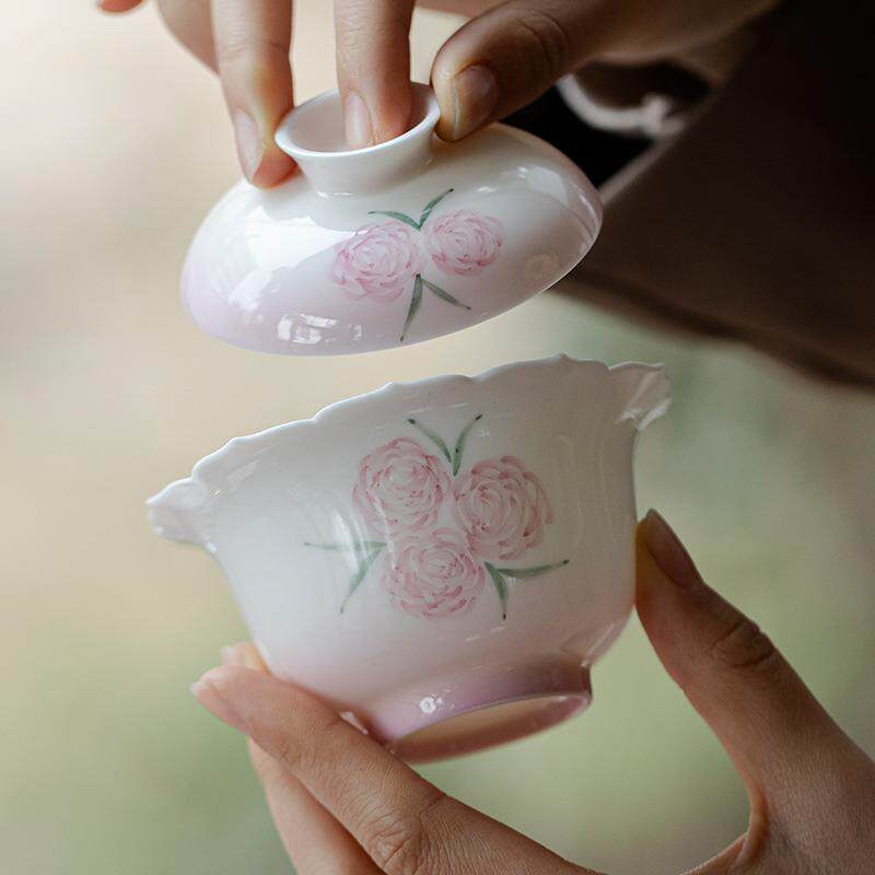 弥言纯玉泥—紫玫瑰盖花碗绘手工陶瓷花口泡手茶碗茶杯大号茶艺茶