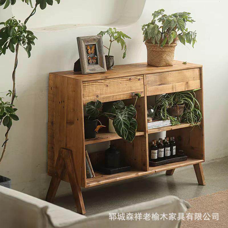 北欧老榆木储物柜家用可以两层置物架收纳柜榆木家具玄关斗柜