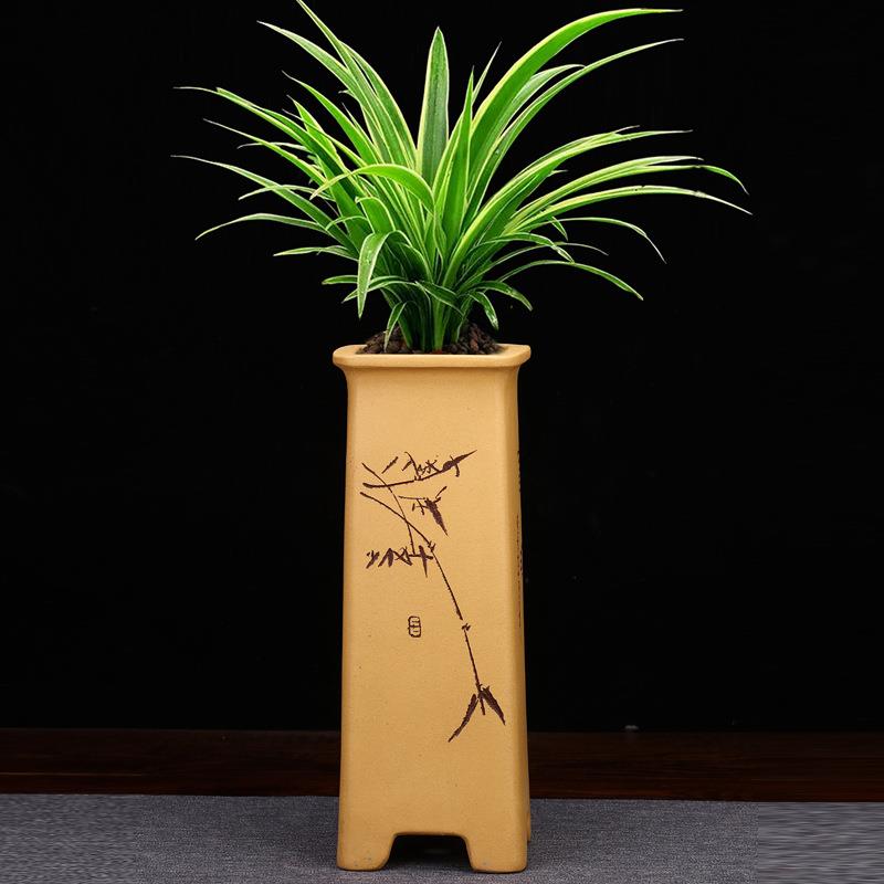 紫砂花盆段泥精品四方高盆兰花盆君子兰悬崖文竹客厅盆景刻绘