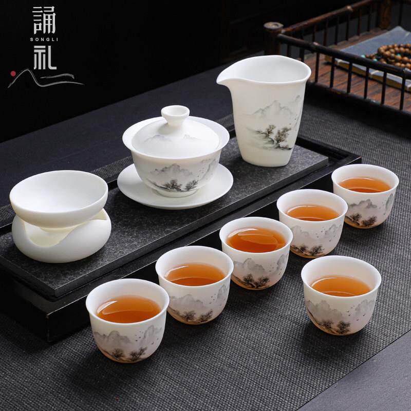 高档羊脂玉茶具套组家用手绘白瓷功夫盖碗茶杯礼盒办公室会客送礼