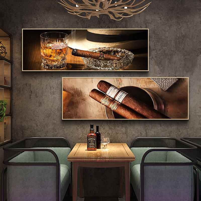 复古雪茄吧墙面装饰美式酒吧装饰画威士忌高希霸挂画长条背景壁画图片