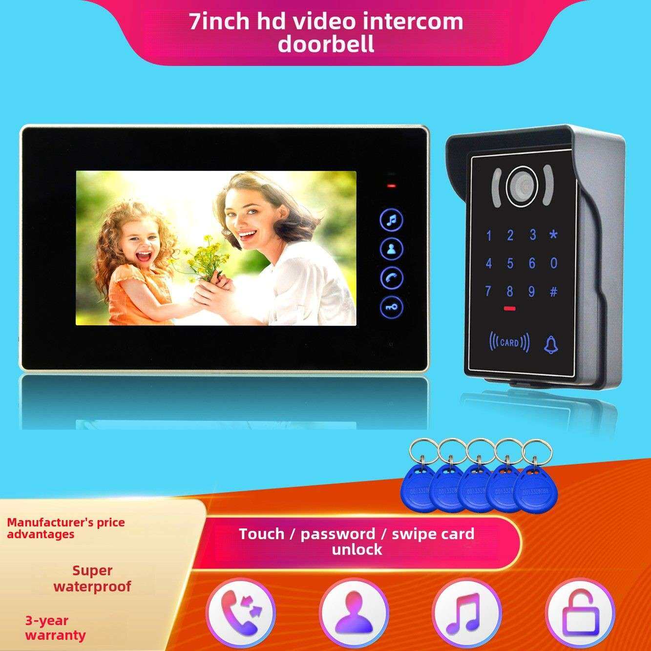 高清7英寸可视对讲门铃别墅彩色1080P有线楼宇指纹密码防水门禁