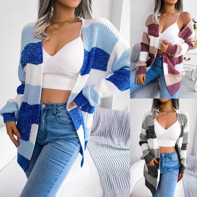 Striped lantern sleeves cardigan sweater jacket women's
