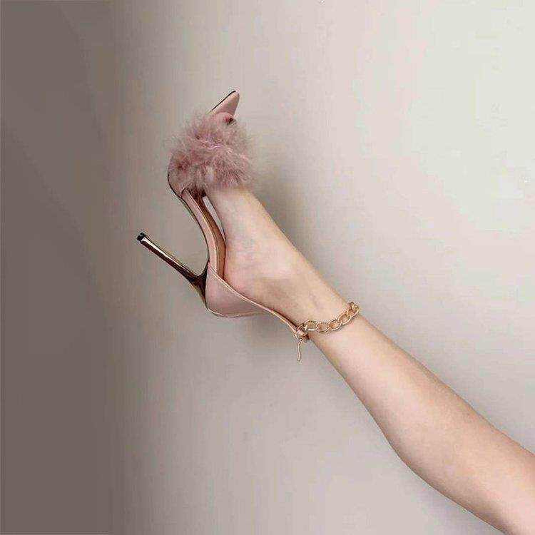 夏季羽毛带高跟鞋女性细高跟鞋2026新多功能宴会鞋绑带凉鞋0407z