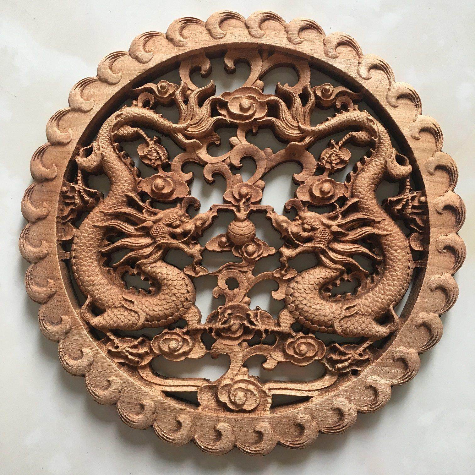 东阳木雕摆件挂件香樟木彷古双龙戏珠 牡丹花中式玄关装修 可定制