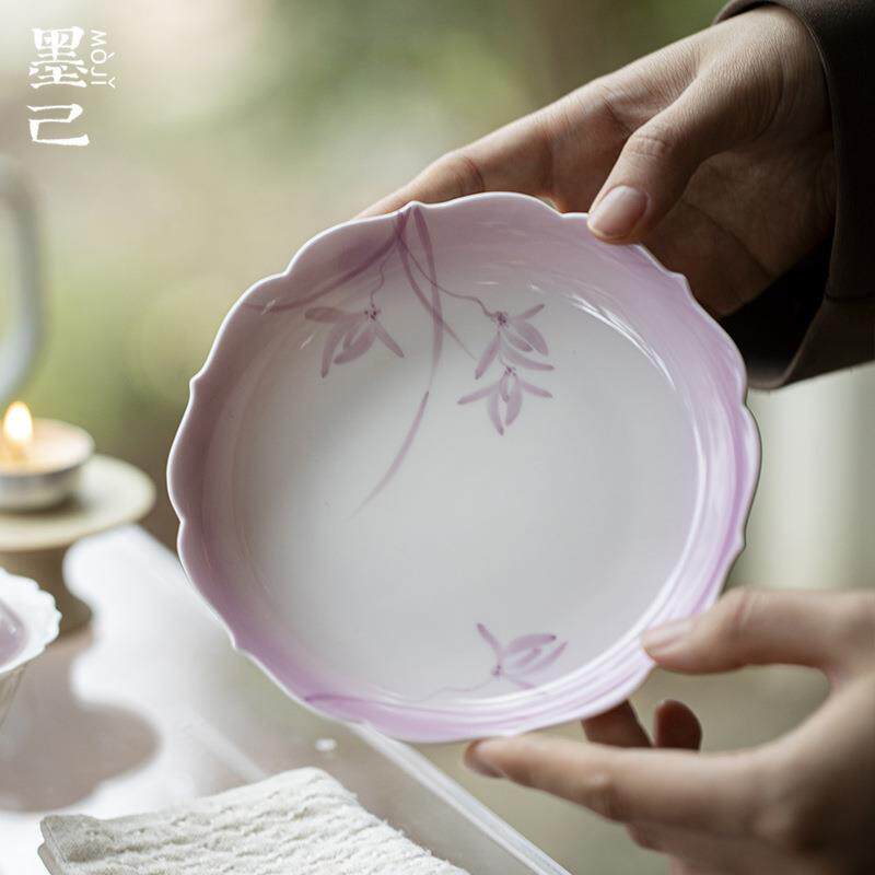 墨己玉泥白瓷渐变紫手绘兰花壶承茶道配件家用干泡盘多用茶点盘