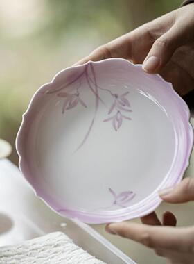 墨己玉泥白瓷渐变紫手绘兰花壶承茶道配件家用干泡盘多用茶点盘