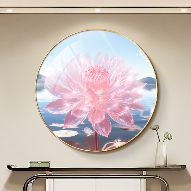 荷花圆形玄关装饰画荷气生财卫生间净秽挂画现代简约餐厅茶室壁画图片