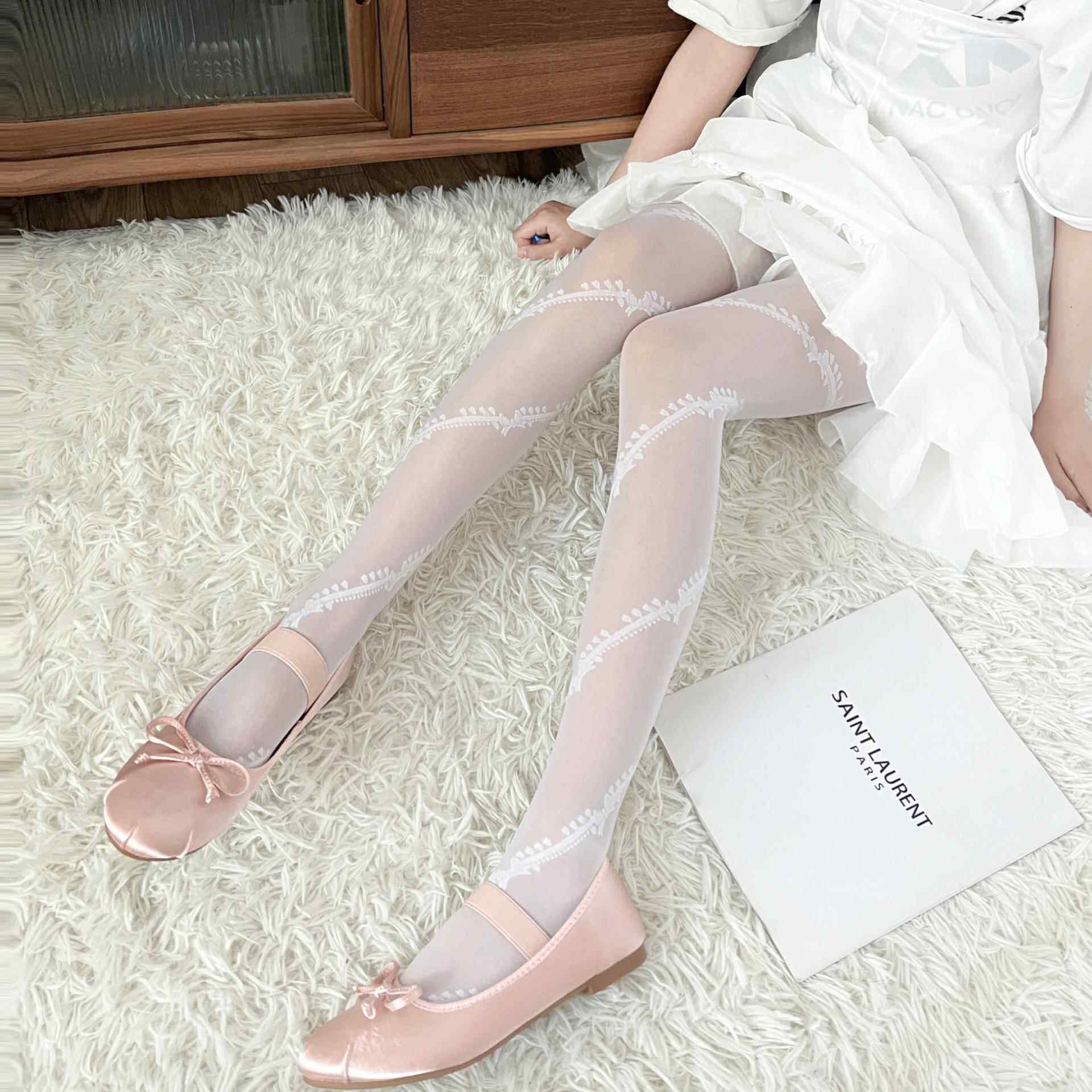 春款白丝纯欲甜美Lolita斜纹蝴蝶结提花丝袜连裤袜洛丽塔jk女定制