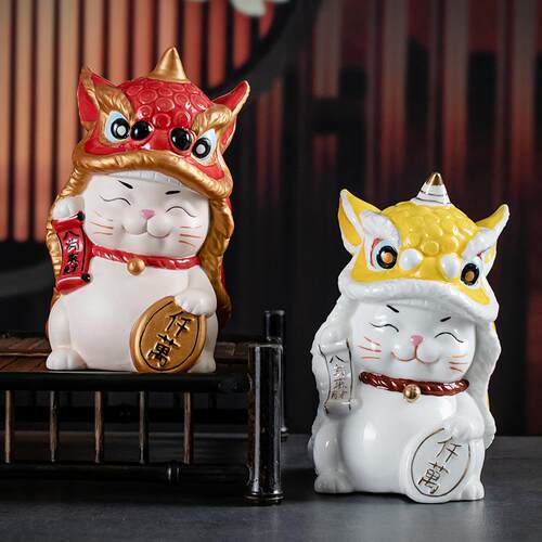 陶瓷醒狮招财猫摆件家居办公室玄关加彩陶瓷招财猫柜台装饰开业礼