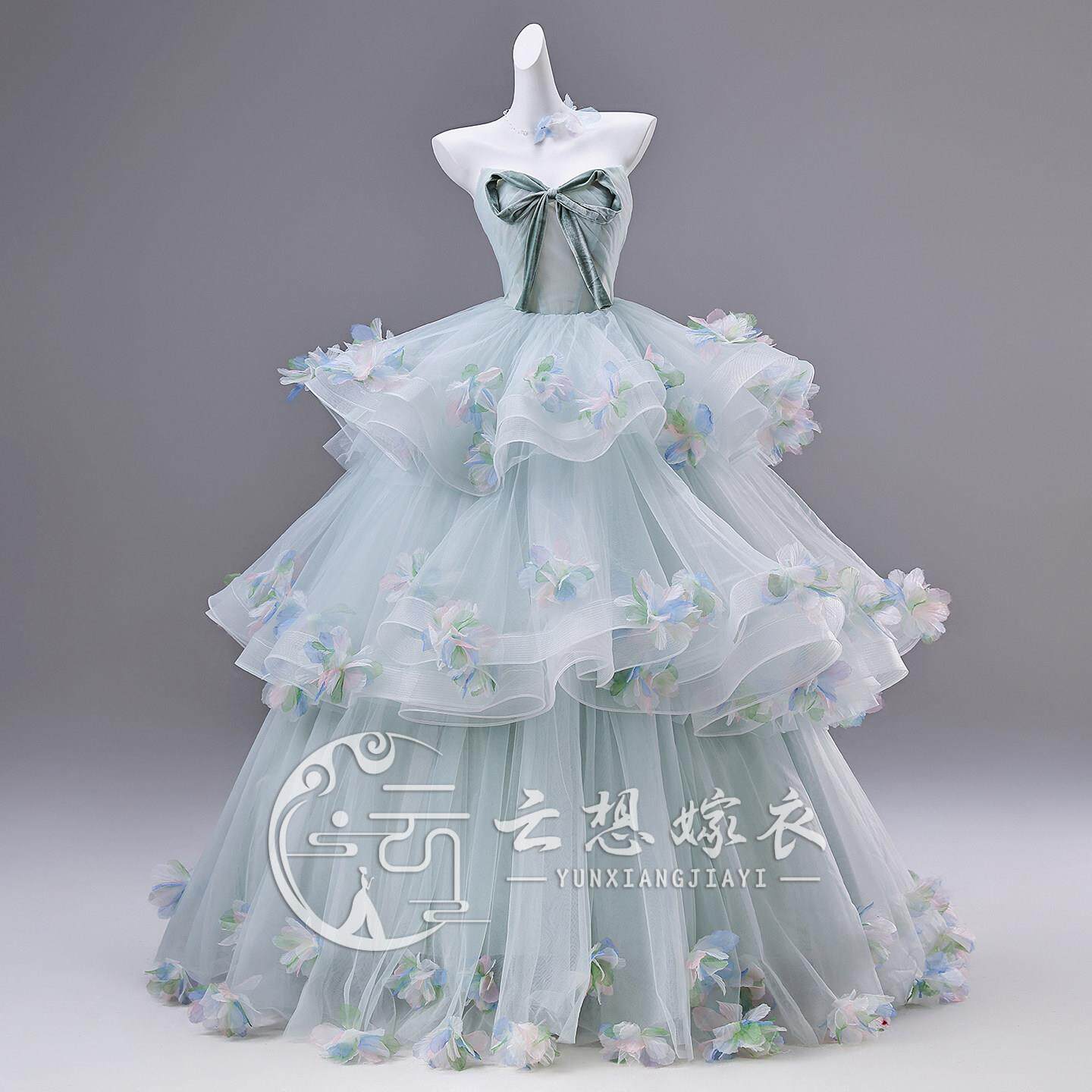 云想家仙女风抹胸无袖蓝色立体花朵礼服女绑带中长款公主风表演裙