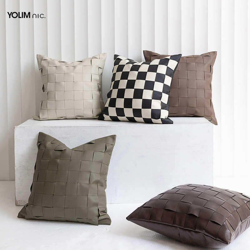PU皮革手工编织抱枕套灰白灰绿色棋盘格现代简约轻奢沙发抱枕靠垫,居家布艺,靠垫/抱枕,淘宝优惠券,粉丝福利购,淘宝优惠卷