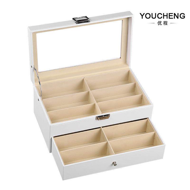 现货皮革太阳眼镜墨镜收纳盒白色pu双层眼镜盒12格眼镜展示盒