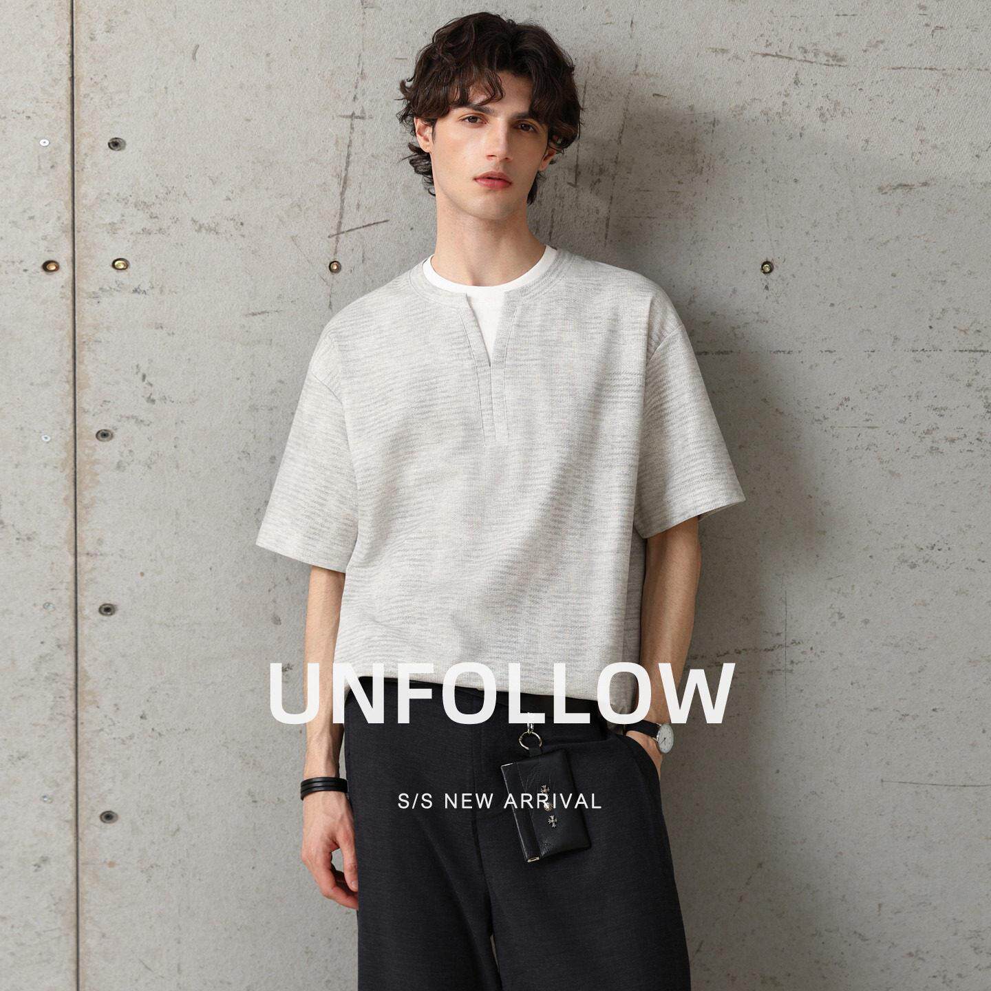 UNFOLLOW亨利领假两件短袖T恤男夏季新款高级感半截袖体恤上衣潮
