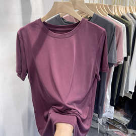 铜氨丝短袖t恤女欧货上衣，2024设计感洋气减龄紫色，垂感体恤衫